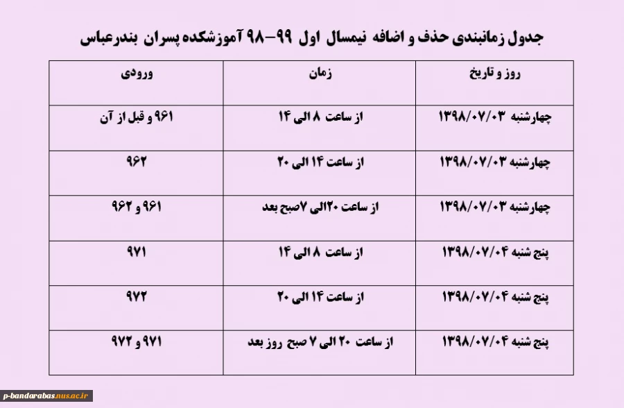 جدول زمان بندی حذف و اضافه