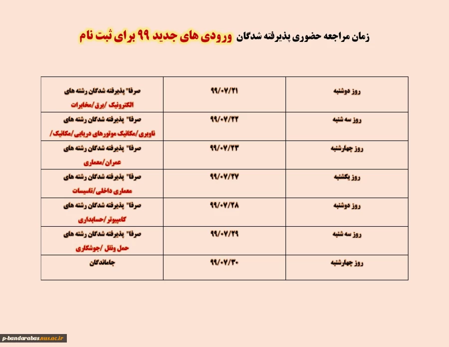 زمان مراجعه ورودی های جدید99 برای ثبت نام 2