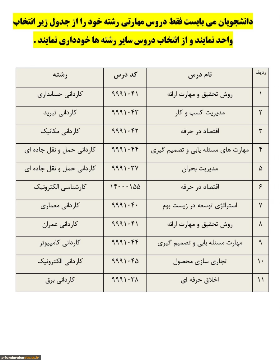 قابل توجه دانشجویان در زمان انتخاب واحد  2