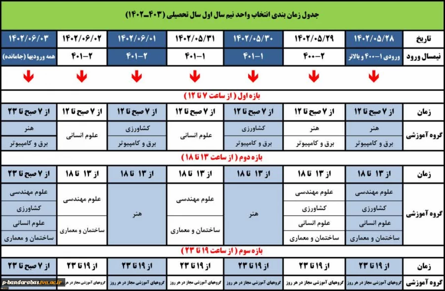 جدول زمانبندی انتخاب واحد نیمسال اول سال تحصیلی 403ـ1402 2