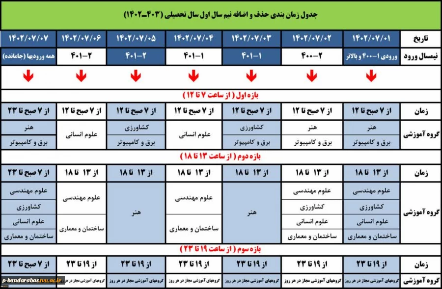 جدول زمانبندی حذف و اضافه نیمسال اول سال تحصیلی 403ـ1402 2